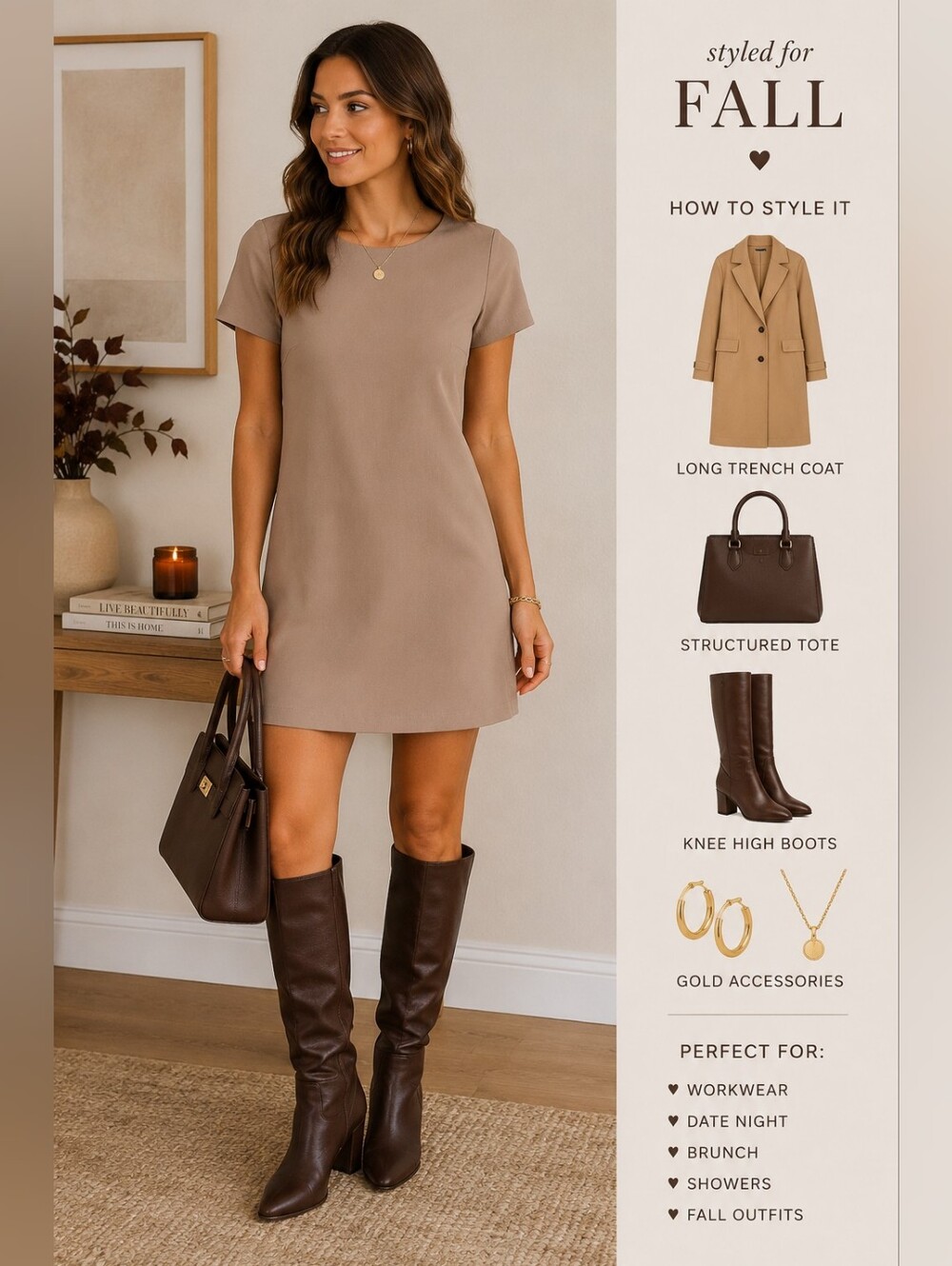 Lulus Taupe Shift Dress XS Short Sleeve Gold Back Zip Minimalist